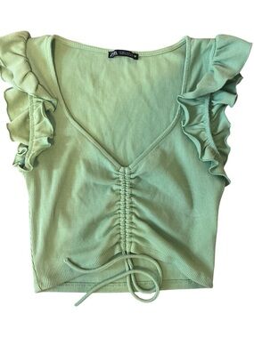 Zara Light Mint Green Ruffled Ruched Crop Top Size M